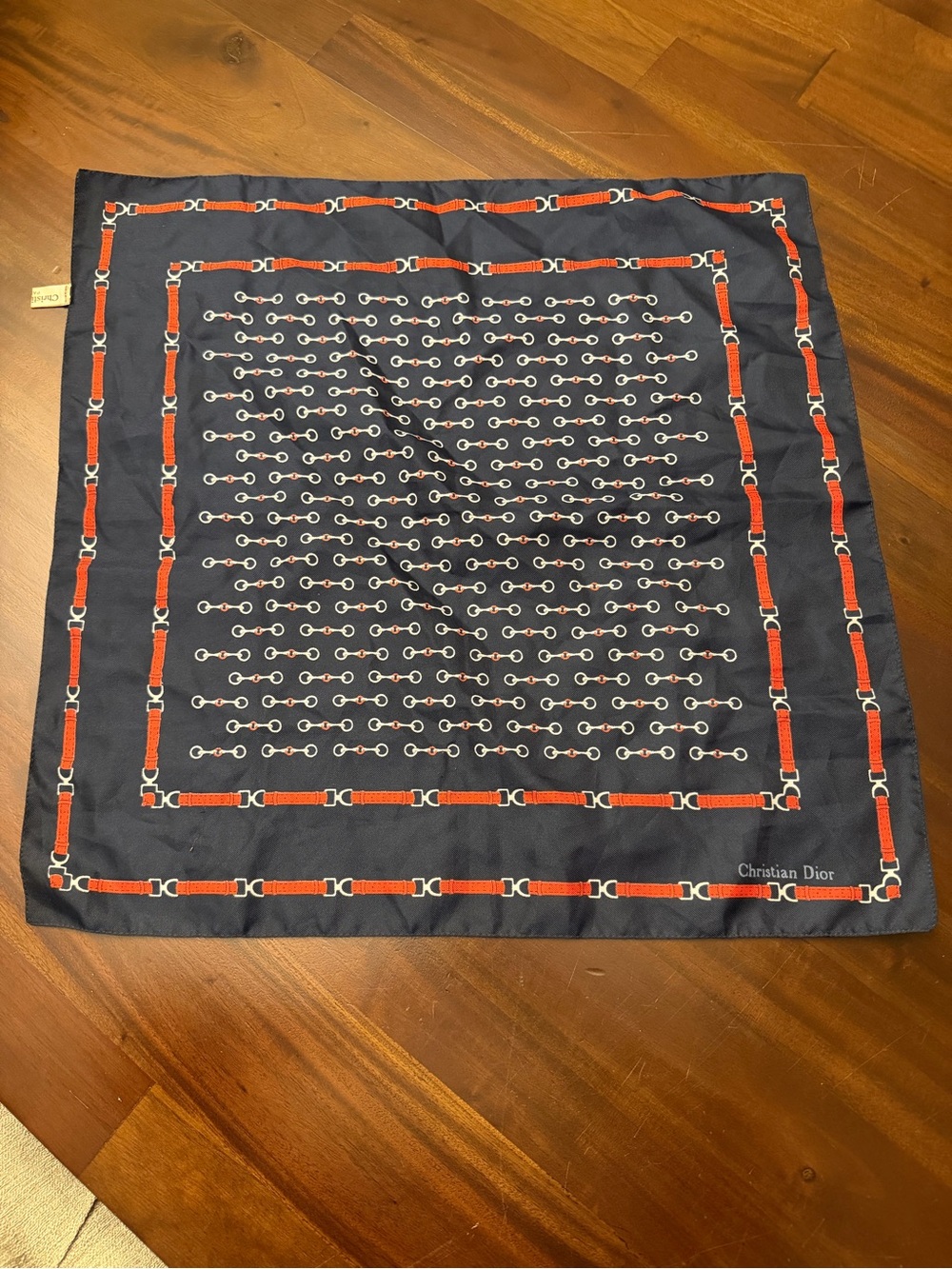 Vtg Dior Navy  Scarf with Red and White Bridle Motif 20” X 20”
